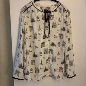 Talbots XL, professional, polyester, collarless with string tie blouse.